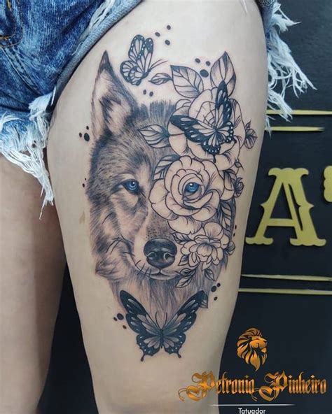 tatuagem feminina de lobo na coxa|Tatuagem na coxa: 120 ideias para você pensar na。